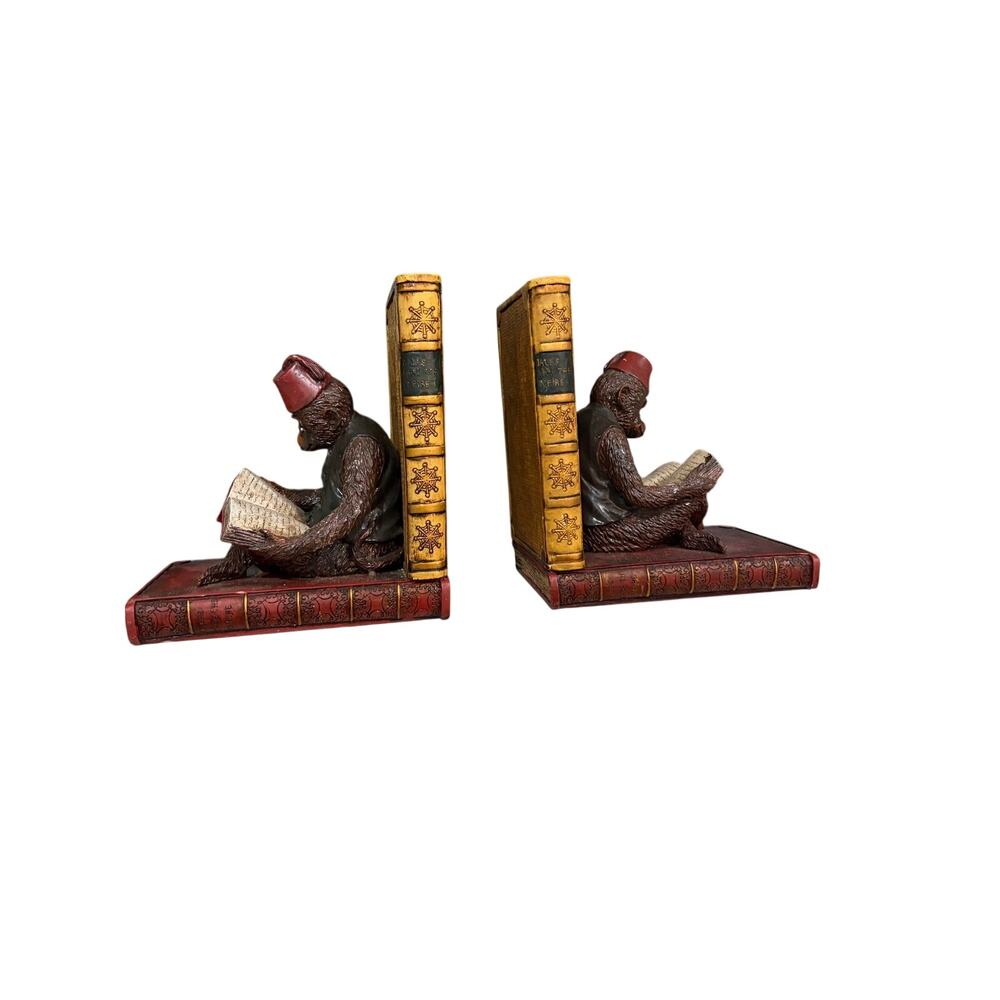 2 Vintage Monkeys Reading A Book Bookends Bell Hop Fez Hat & Vest Heavy Resin